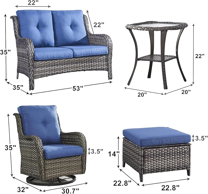Outdoor Wicker Patio Furniture Set - 6 Piece Rattan Patio Conversation Set with 2 Rocking Swivel Chairs,2 Ottomans,1 Loveseat and 1 Side Table for Porch Deck Backyard Garden(Mixed Grey/Blue)-VerdiqueGarden