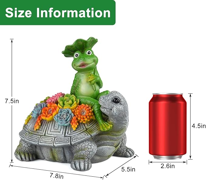 ILLUMINEW Solar Garden Outdoor Statues Turtle& Frog with Succulent and 8 LED Lights, Turtle Carrying Lotus Leaf Frog Figurines, Lawn Decorations for Patio Yard Gifts for Mom Grandma Housewarming-VerdiqueGarden