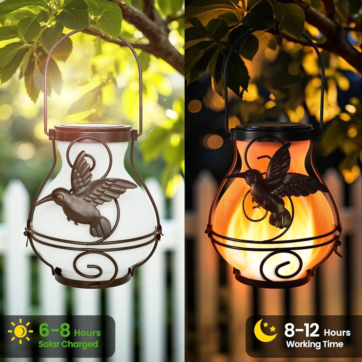 2 Pack Solar Lanterns Outdoor Waterproof Flickering Flame Lights Hummingbird Metal Hanging Solar Lantern Patio Porch Garden Decoration-VerdiqueGarden