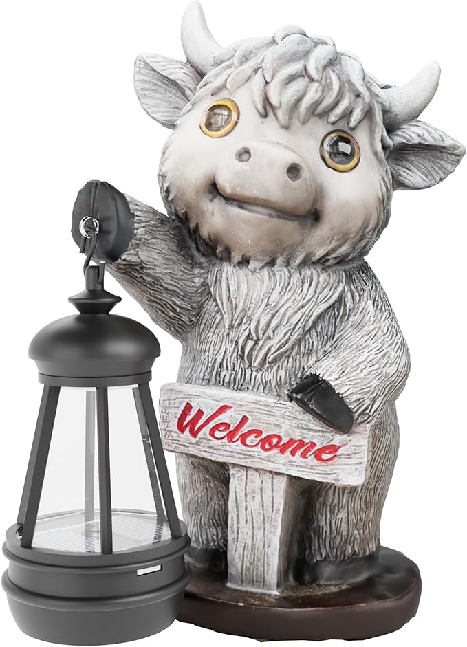 Highland Cow Statues with Solar Lights, Highland Cow Resin Figurine Lights, Highland Cow Ornaments for Patio, Balcony, Indoor Decoration and as Gifts-VerdiqueGarden