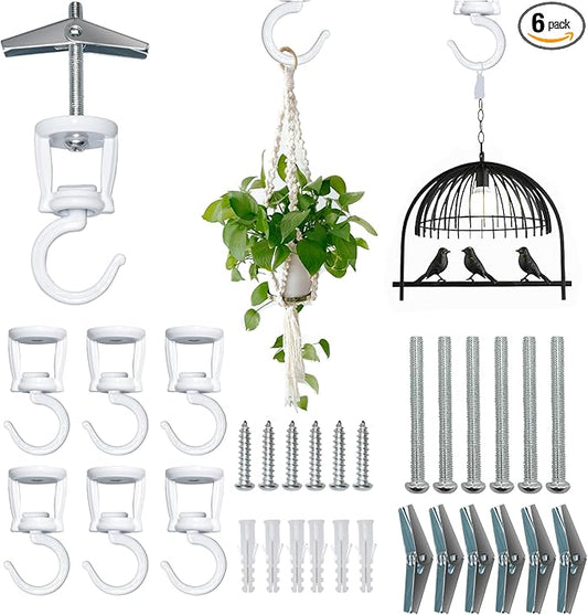 Ceiling Hooks for Hanging Plants (6 PCS White),Heavy Duty Metal Plant Hooks, Screw in Hooks for Hanging Birdfeeders, Lamps, Planters, Outdoor Decorative Hooks up to 33 lbs-VerdiqueGarden