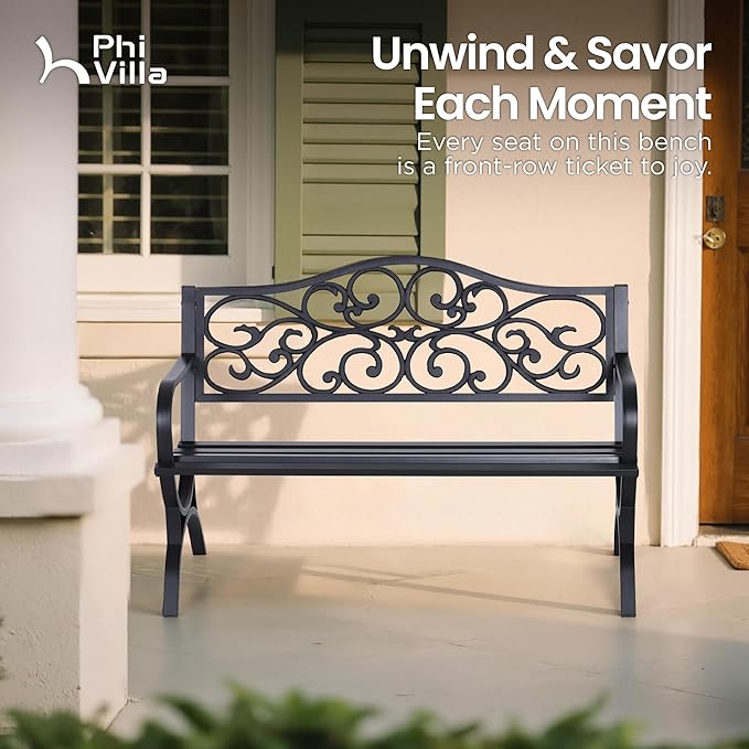 PHI VILLA 50-Inch Cast Iron Steel Frame Garden Bench Outdoor Patio Bench Chair w/Floral Design Backrest, Slatted Seat for Park, Yard & Porch, Black-VerdiqueGarden