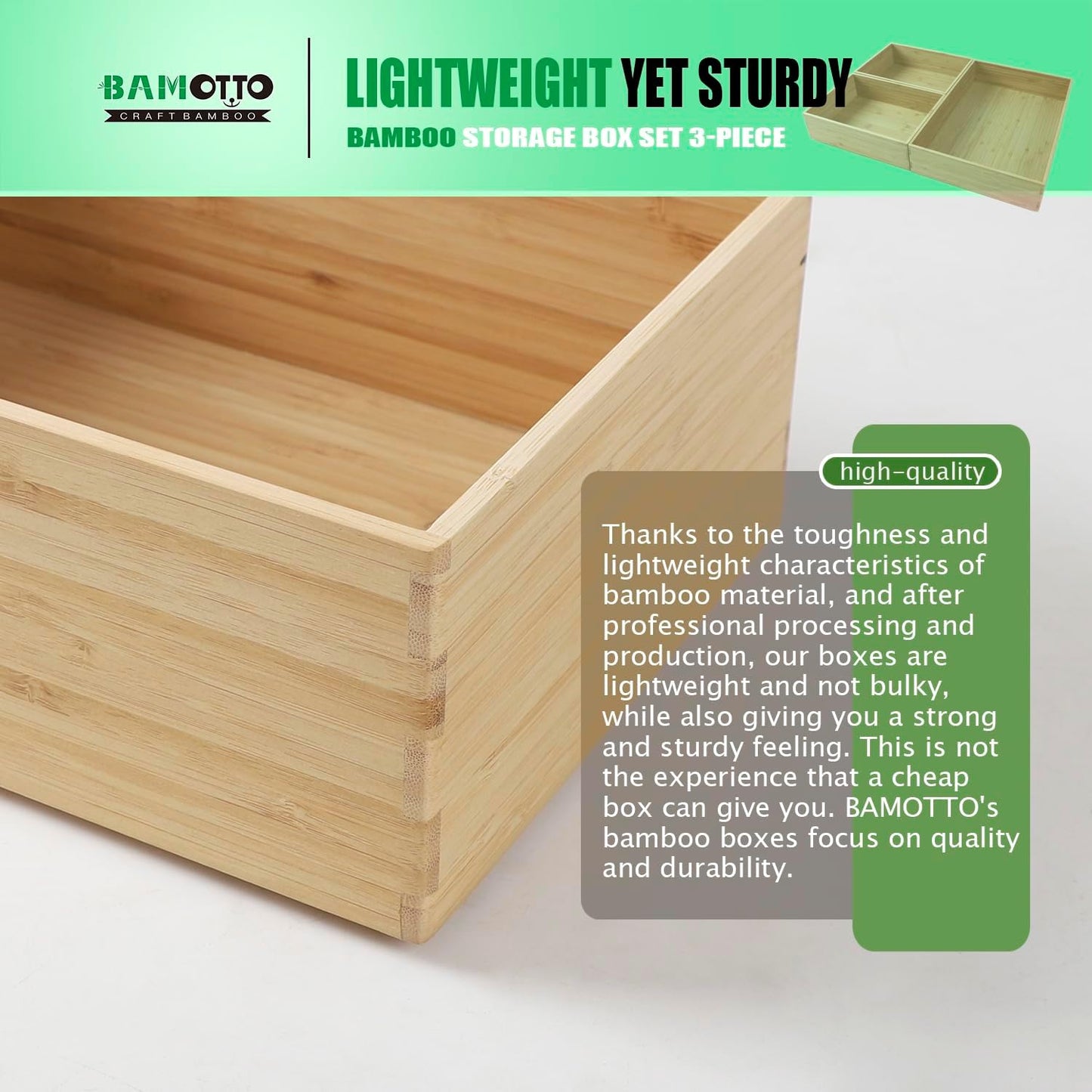 3-Piece Large Bamboo Storage Box Set, 3.9 in High, Stackable Deep-Drawer Organizer for Kitchen Cutlery, Cookware, Utensils & Knives, Lidless Wooden Bin (14.6"x10.2"*1+10.2"x7.3"*2)-VerdiqueGarden