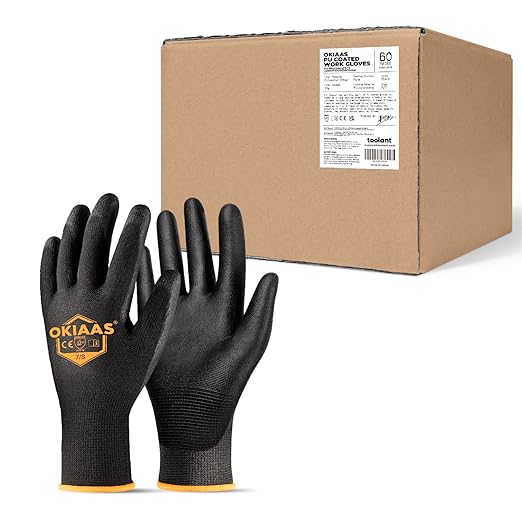 OKIAAS Work Gloves for Men, Ultra Thin and Lightweight with Grip, Bulk Case of 60 Pairs Construction Gloves with Polyurethane Coating, Safety Gloves for Light Duty Work (Black, Small)-VerdiqueGarden