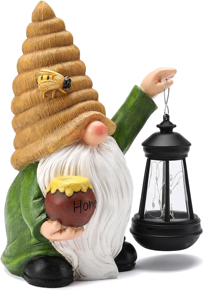 12.3''Solar Garden Gnome Outdoor Decor Honey Bee jar Gnome Statue with LED Lantern Fall Patio Yard Art Decoration Christmas Gardening Birthday Gifts for Women Mom, Honey Bee Gnome-VerdiqueGarden