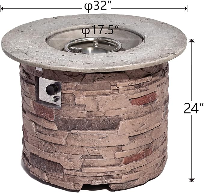 COSIEST Outdoor Propane Concrete Fire Pit Table w Imitation Stone Surface 32-inch Round Fire Table, CSA Certified, 40,000 BTU Stainless Steel Burner, Free Lava Rocks, Fits 20lb Tank Inside-VerdiqueGarden