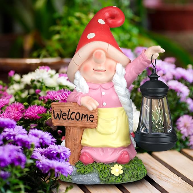 Solar Garden Gnome Statue Holding LED Lantern with Welcome Sign Outdoor Ornaments Waterproof Christmas Decoration for Outside Patio Yard Lawn Decor (Pink)-VerdiqueGarden