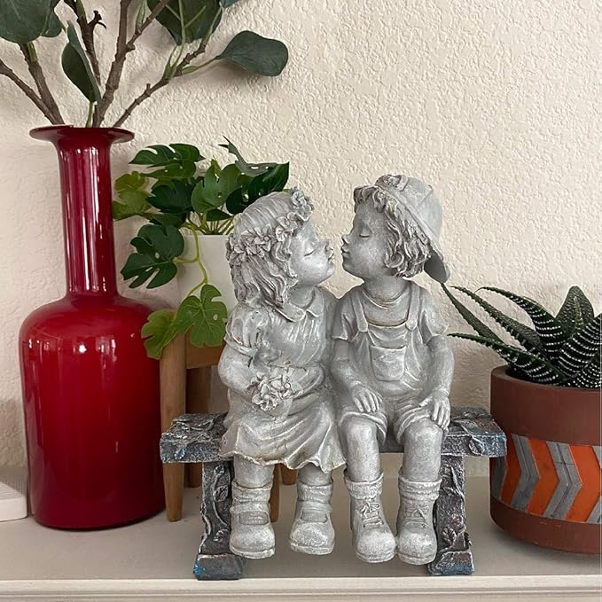 Lily's Home First Kiss Resin Garden Statue, Little Girl and Boy Kissing Yard Miniature Figurine,Small and Exquisite, 9 Inch-VerdiqueGarden