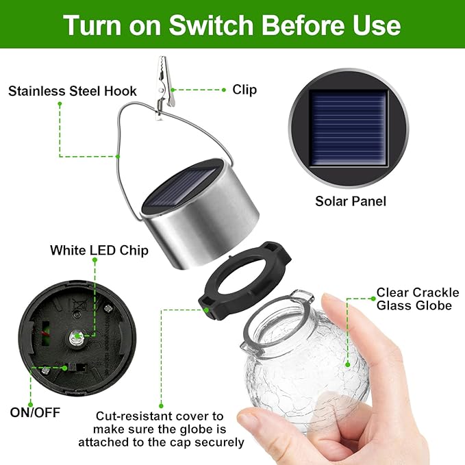 PARTPHONER 32 Pack Hanging Solar Lights Outdoor, Waterproof Solar Globe Lantern with Handle and Clip, Decorative Cracked Glass Ball Lights for Christmas Decor, Tree, Yard, Garden, Patio (Cold White)-VerdiqueGarden