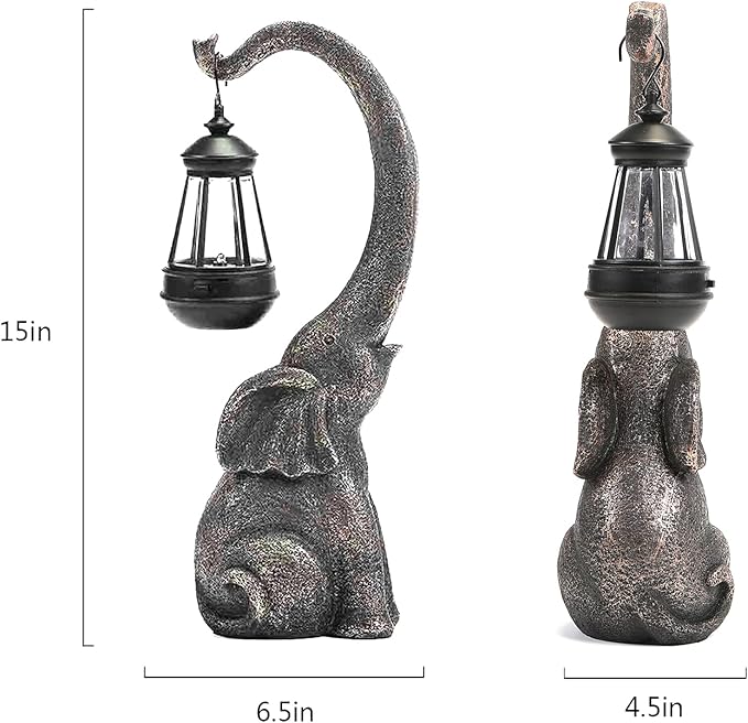 15" Outdoor Sculpture Figurine Statue Elephant Decorations Solar Garden Statues for Patio Home Yard Decor Good Luck Garden Elephant Birthday Gifts for Woman, Mom Family-VerdiqueGarden