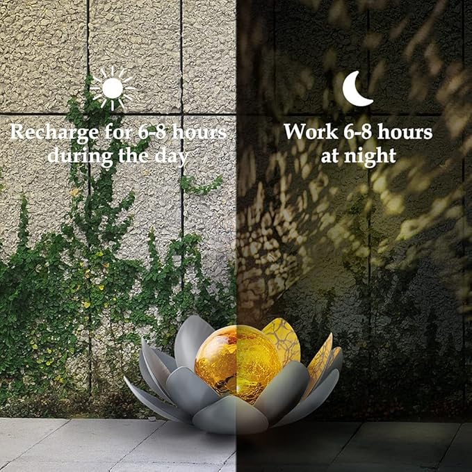Huaxu Solar Lights Outdoor Garden Decor , Amber Crackle Globe Glass Lotus Decoration,Waterproof Gray Metal Flower Light for Patio,Lawn,Walkway,Tabletop,Ground-VerdiqueGarden