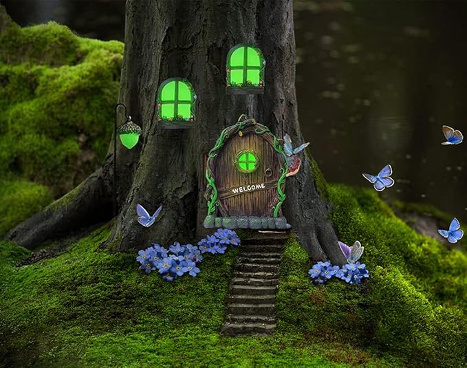 Resin Miniature Fairy Gnome Home Windows and Welcome Door with Fairy Lantern,Glow in Dark Art Sculpture for Trees Outdoor Indoor Garden Yard Wall Decorations-VerdiqueGarden