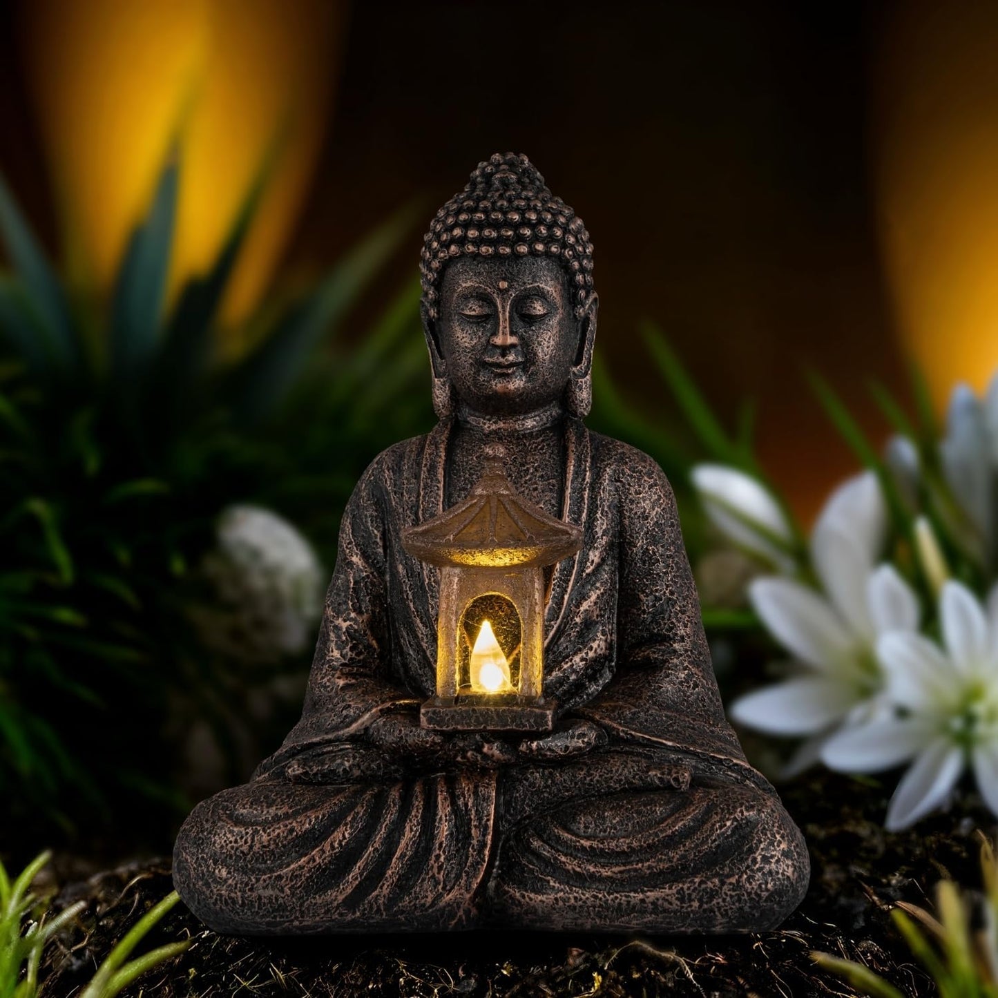 Buddha Garden Statue with Solar Light, Resin Zen Decor for Outdoor Patio or Indoor Meditation, Spiritual Gift for Women and Friends (Copper Pavilion)-VerdiqueGarden