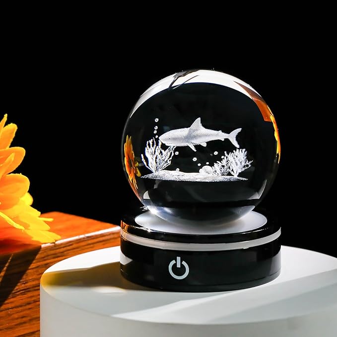 YWHL 3D Shark Figurine Crystal Ball with Colorful Light Base, Shark Gifts for Women Men Shark Lovers on Christmas Birthday, 3D Laser Engraved Shark Sphere Glass Ball for Home Office Decoration (80mm)-VerdiqueGarden