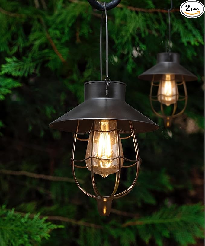 YAKii 2 Pack Solar Lantern Hanging Waterproof Outdoor Metal Solar Lamp with Warm White Light Decorate for Yard Garden Pathway Patio Porch Decor (Black)-VerdiqueGarden