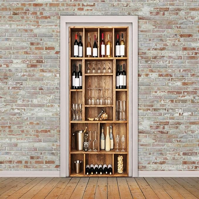 3D Door Wallpaper Self-Adhesive Door Sticker - Wine Cabinet - Door Film Poster Premium PVC Waterproof Wall Sticker for Bedroom Living Room Door Decoration Wallpaper 95 x 200 cm-VerdiqueGarden
