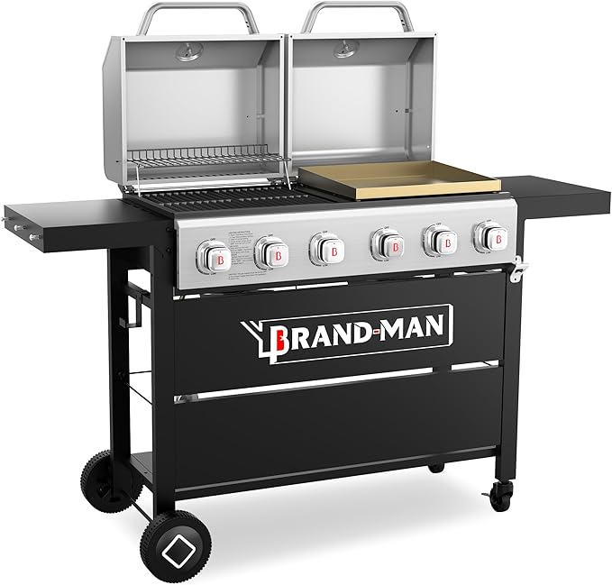 Brand-Man Griddle Grill Combo 6-Burner, 2 in 1 Versatile Propane Gas Grill and Griddle with Double Stainless Steel Lids, BBQ Combo for Outdoor Kitchen & Backyard Barbecue Cooking-VerdiqueGarden