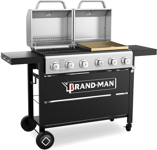Brand-Man Griddle Grill Combo 6-Burner, 2 in 1 Versatile Propane Gas Grill and Griddle with Double Stainless Steel Lids, BBQ Combo for Outdoor Kitchen & Backyard Barbecue Cooking-VerdiqueGarden
