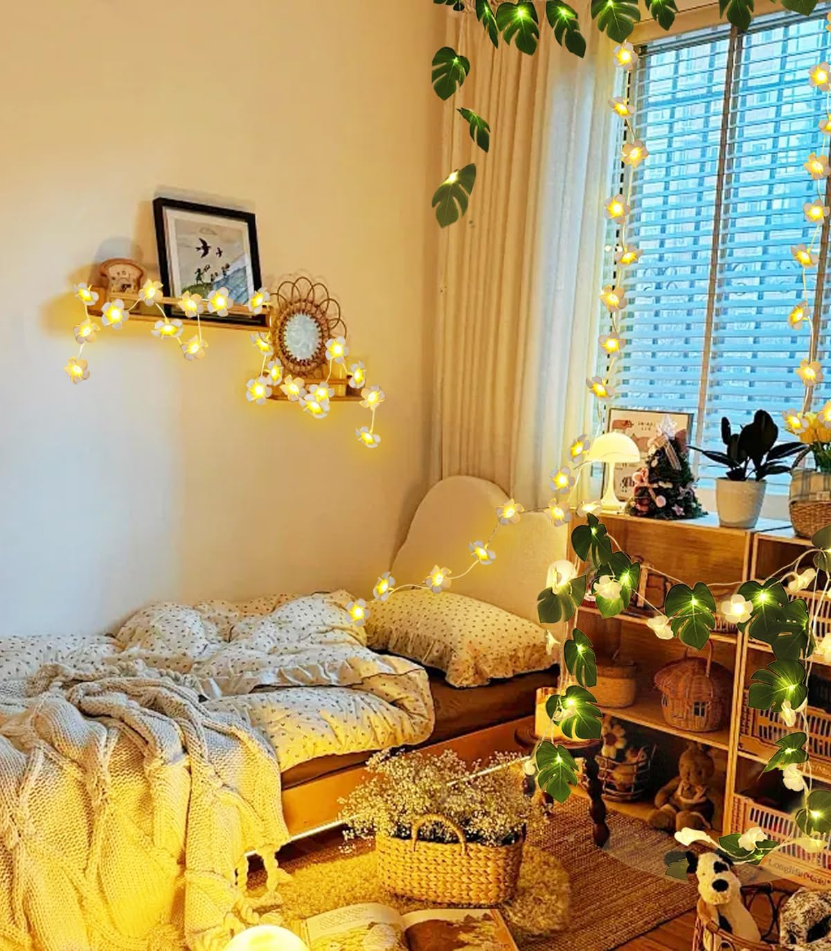 RECUTMS Monstera Leaf String Lights Artificial Foam Plumeria Tropical Palm Leaves Flower 40 LED Battery Operated Fairy Light Hawaiian Luau Beach Party Summer Decorations Outdoor Indoor(White+Green)-VerdiqueGarden