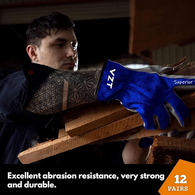 12 Pairs Bulk Leather Work Gloves for Men or Women for Construction, Wood cutting, Driving, Gardening, Automotive Repair, Water Resistant, Soft, Cowhide, Class 4 Abrasion Resistant, Blue-White, L-VerdiqueGarden