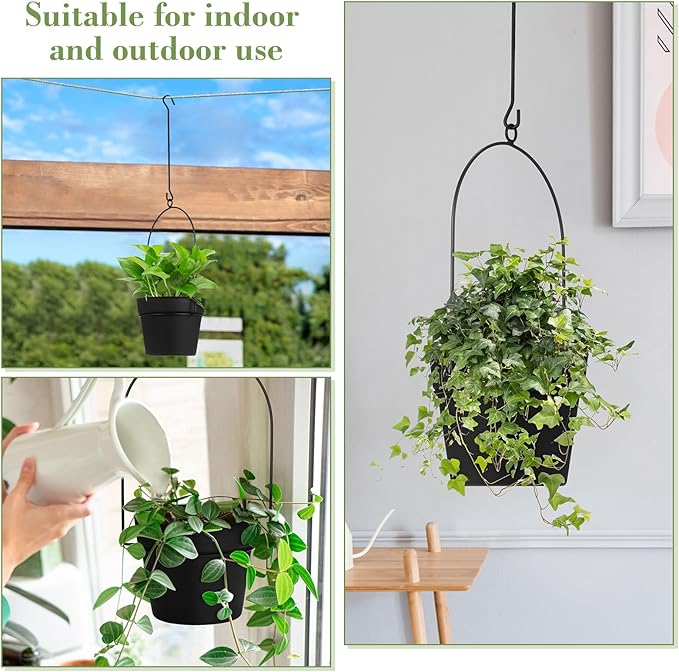 Hushee 6 Packs Metal Hanging Planters for Outdoor Indoor Plants Plant Hanger with 6.3'' Plastic Pots Hanging Planter Basket for Garden Home Porch Decor-VerdiqueGarden