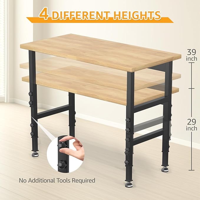 48" Adjustable Workbench,Heavy-Duty Work Table,3000 LBS Load Capacity Hardwood Workstation with Fixed feet,for Workshop, Garage-VerdiqueGarden