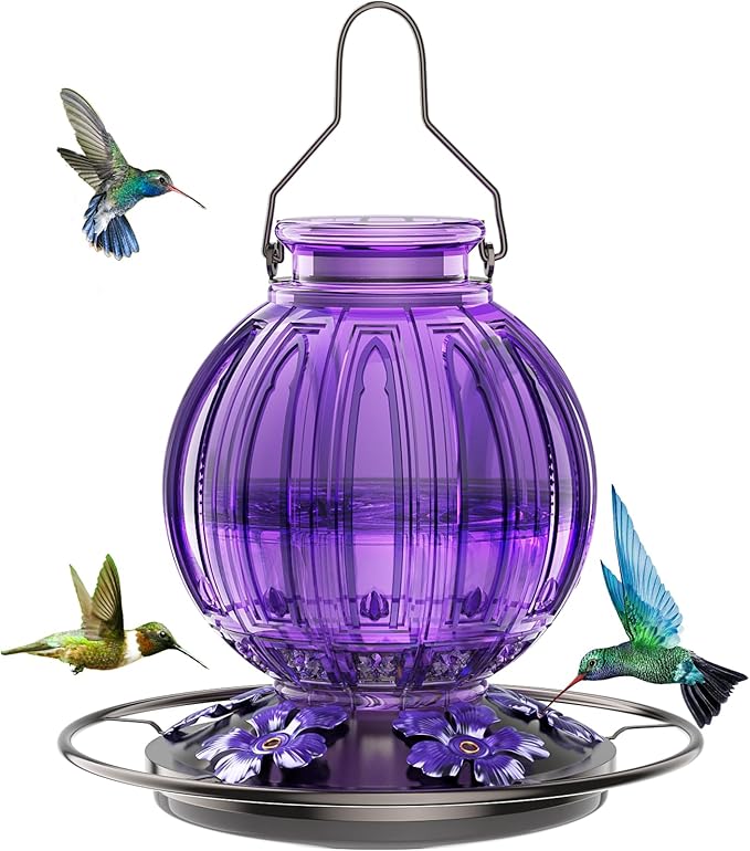 Glass Hummingbird Feeder for Outdoors Hanging, Bird Nectar Feeder with Perch & 5 Flower Feeding Ports, 26 Oz Leak Proof for Outside Garden Decor Backyard, Gifts for Women Mom, Purple-VerdiqueGarden