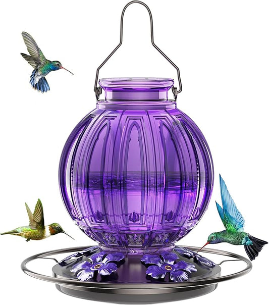 Glass Hummingbird Feeder for Outdoors Hanging, Bird Nectar Feeder with Perch & 5 Flower Feeding Ports, 26 Oz Leak Proof for Outside Garden Decor Backyard, Gifts for Women Mom, Purple-VerdiqueGarden