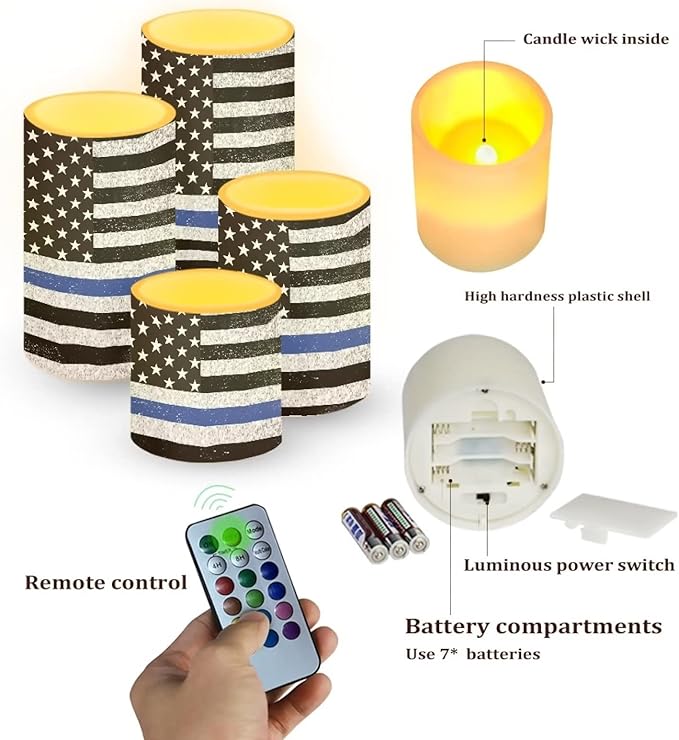 Flameless LED Candles Electric Candles with Remote Timer Control Long Lasting Tealights Fake Candles Set of 4, for Independence Day Party Decoration for July Fourth, American Flag Blue-VerdiqueGarden