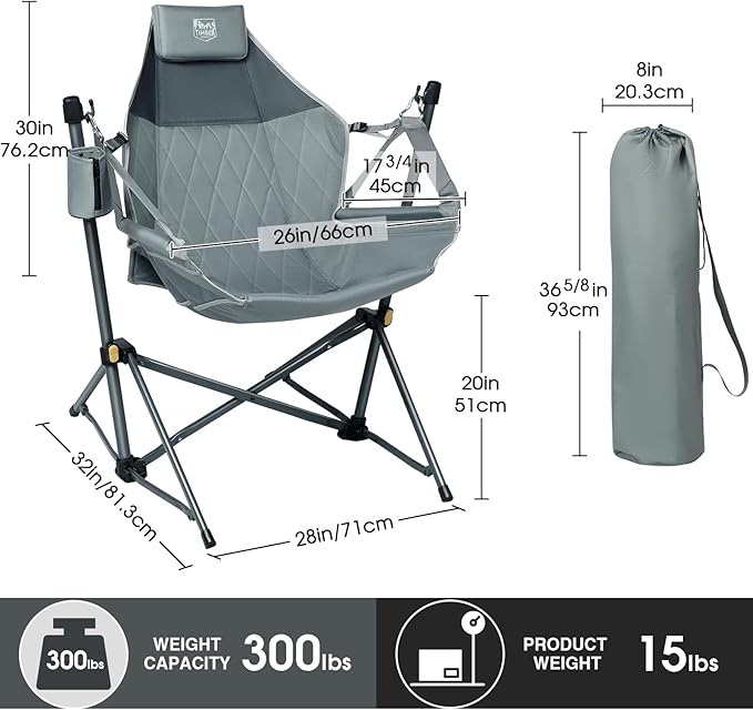 TIMBER RIDGE Hammock Camping Chair with Adjustable Backrest, Heavy Duty Folding Hammock Chair Supports 300lbs, Portable Hammock Chair for Camping, Travelling and Patio, Grey-VerdiqueGarden