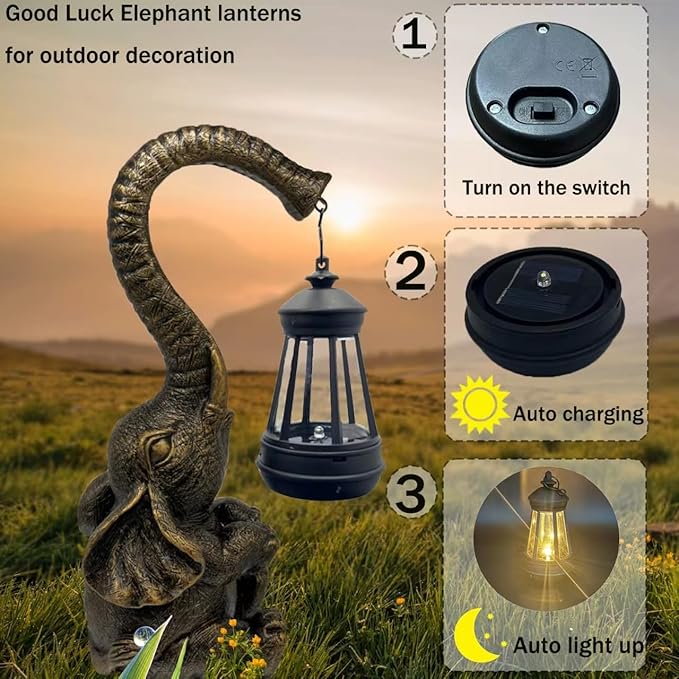 10.6 Inch Statue Elephant with Solar Outdoor Lights for Garden Decor，Lucky Present with Appeal For Birthdays(Man and Women and family)， Unique Housewarming Presents and Yard Decoration. (black)-VerdiqueGarden