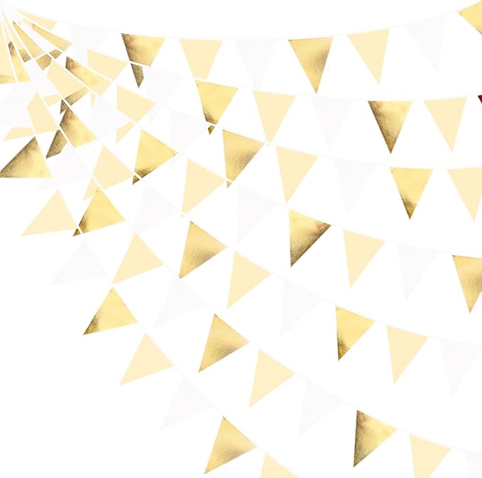 White and Gold Party Decorations Gold Beige White Fabric Triangle Pennant Banner Flag Bunting Garland for Graduation Wedding Birthday Bridal Shower Anniversary Engagement Baptism Party Supplies-VerdiqueGarden
