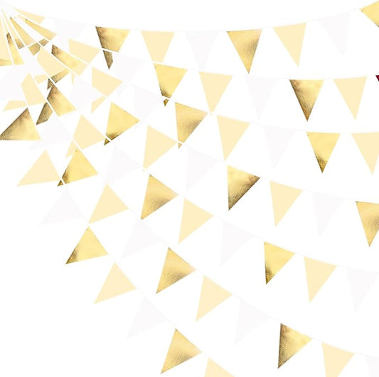 White and Gold Party Decorations Gold Beige White Fabric Triangle Pennant Banner Flag Bunting Garland for Graduation Wedding Birthday Bridal Shower Anniversary Engagement Baptism Party Supplies-VerdiqueGarden