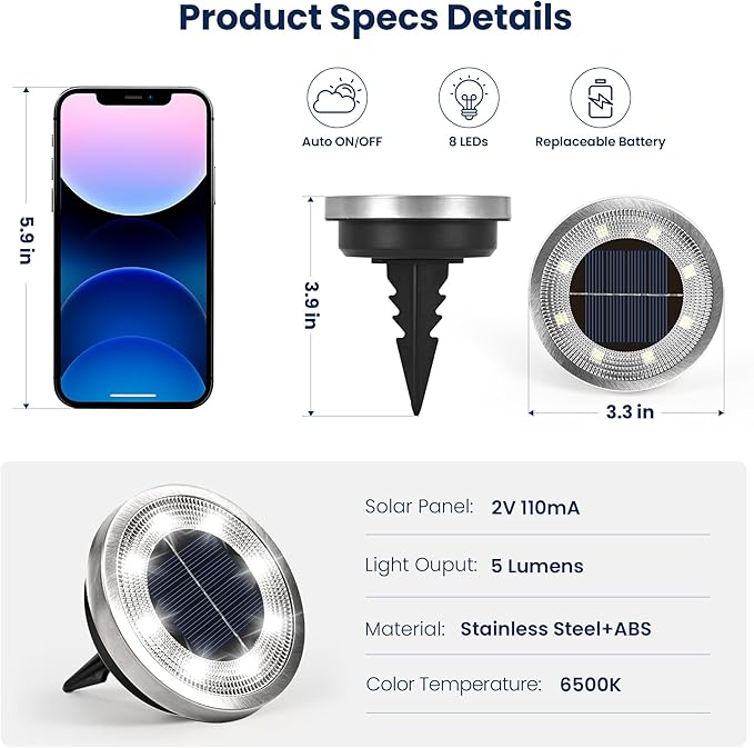 SOLPEX 8 Pack Solar Ground Lights Outdoor Waterproof, Solar Powered Pathway Lights, Landscape Lighting for Garden Walkway Driveway Backyard Decor (Cool White)-VerdiqueGarden