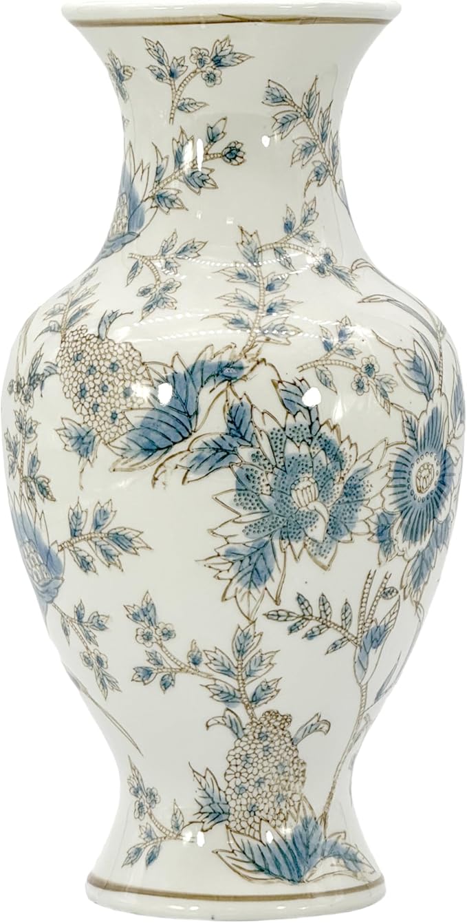 Galt International White & Blue Floral Chinoiserie Ceramic Vase 14" - Hand Painted Antique Style Porcelain Flower Bottle Fishtail Porcelain Chinese Vase for Home Decor Centerpiece-VerdiqueGarden