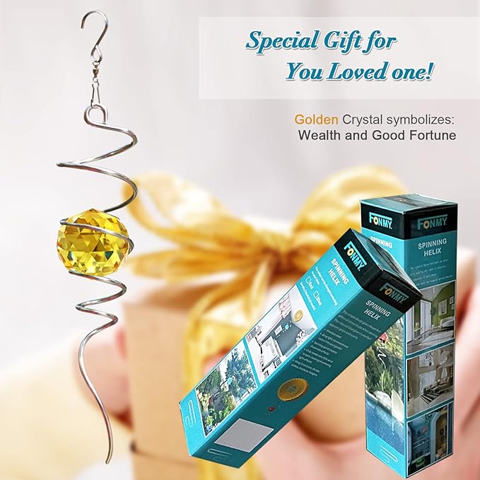 FONMY Gazing Ball Spiral Tail -Decorative Wind Spinner Sun Catcher Rainbow Maker 11 inch Tail and 2 inch Golden Crystal Orb. Indoor Outdoor Garden Decoration -13 inch Height-VerdiqueGarden