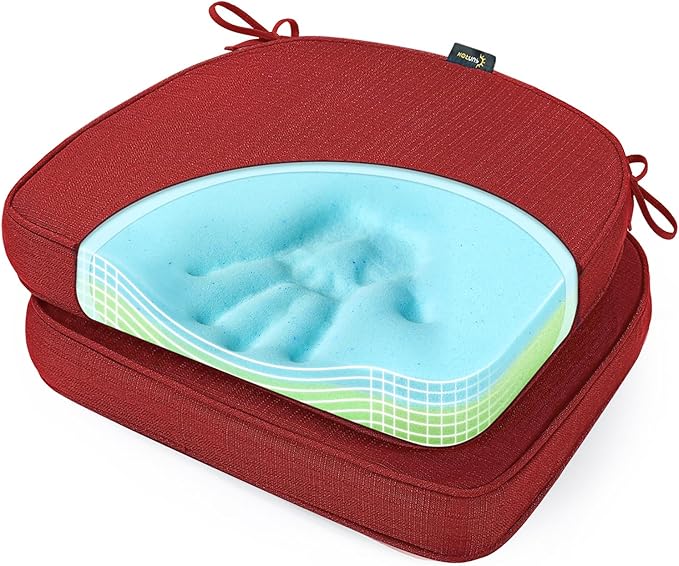 SUNROX Gel Memory Foam Chair Cushions, FadeShield Water-, Stain-Resistant Durable Reversible Seat Cushion Pads with Ties for Indoor/Outdoor Kitchen Dining Office, 19"x19", Set of 2, Burgundy-VerdiqueGarden