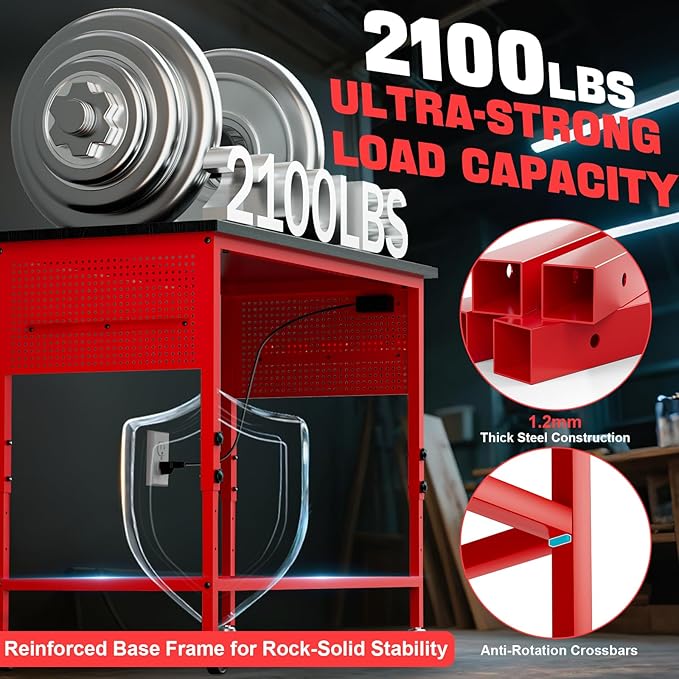 47" Heavy Duty Adjustable Workbench with Power Outlets, Pegboard & Locking Wheels - 2100LB Capacity Garage Work Table, Compatible with Milwaukee Battery, Reinforced Steel Frame for Workshop & Home Use-VerdiqueGarden