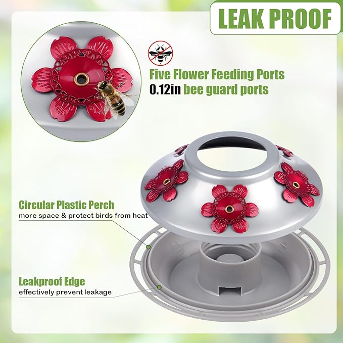 BOLITE Hummingbird Feeder, Hand Blown Glass Hummingbird Feeders for Outdoors Hanging, with Ant Moat and 5 Feeding Ports, 22 Ounces, Peony Flower Shape, Blue, Gifts for Women Men, Gifts for Mom Dad-VerdiqueGarden