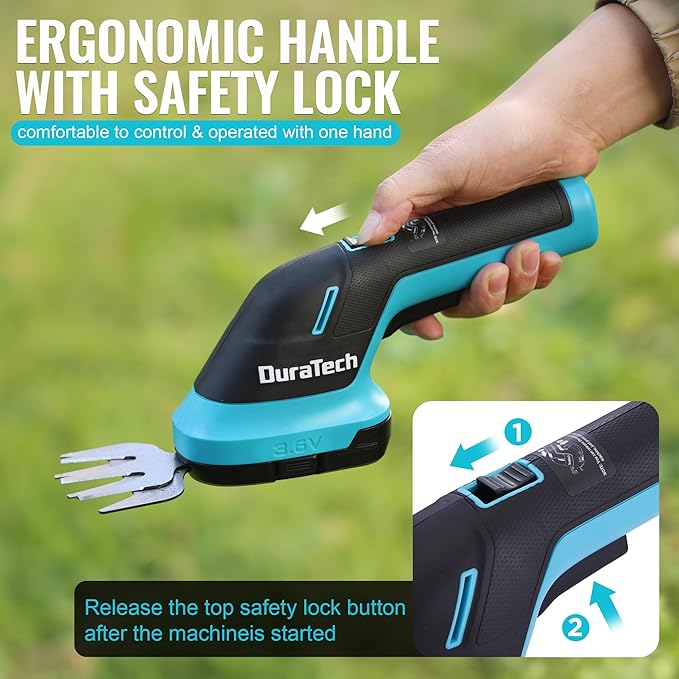 DURATECH Cordless Hedge Trimmer, 3.6V 2-in-1 Handheld Rechargeable Grass Trimmer & Hedge Shears with USB Type-C Cable, Built-in Li-ion Battery, Electric Shrub & Grass Shears for Garden, Yard and Lawn-VerdiqueGarden