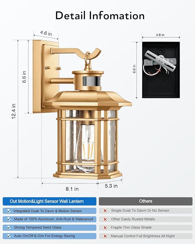 VIANIS Motion Sensor Porch Light, Gold Outdoor Light Fixture Dusk to Dawn, Outdoor Motion Sensor Light Wall Mount, Waterproof, Weather Resistant Carriage Lantern for House, Garage, Front Door-VerdiqueGarden