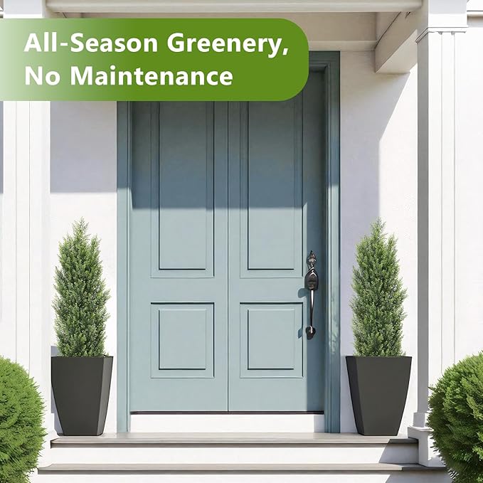 THE BLOOM TIMES 4ft Topiary Trees Artificial Outdoor 2 Pack – UV Resistant Faux Cedar Pine Cypress Bushes and Shrubs, Fake Potted Plants for Front Porch Outside Planter Patio Decor, Set of 2 (4 Foot)-VerdiqueGarden