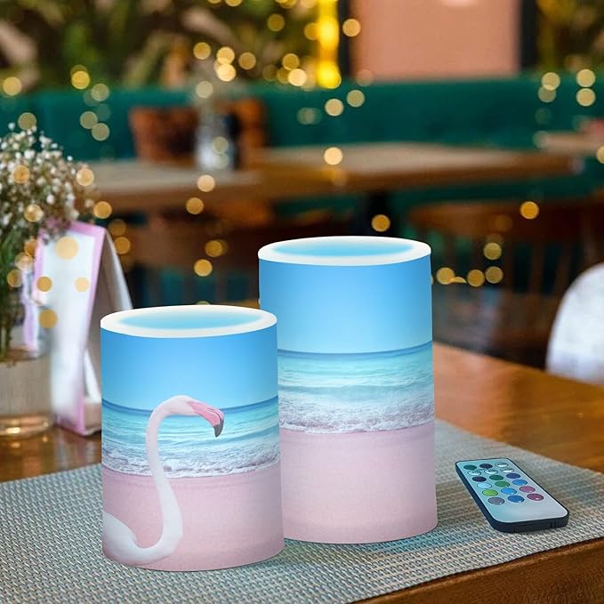 Flickering Flameless Candles, Pink Flamingo on Beach LED Candles with Remote Timer, Set of 2 Battery Operated Candle for Valentine Wedding Birthday-VerdiqueGarden