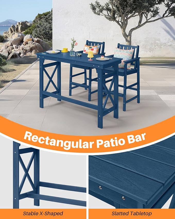 HDPE Outdoor Bar Table, 41" Rectangular Patio Bar Tables, Outdoor Counter Height Table Adirondack Patio Bar Height Table, HDPE Outside Pub Tables for Outside, Balcony, Deck, Poolside, Navy-VerdiqueGarden