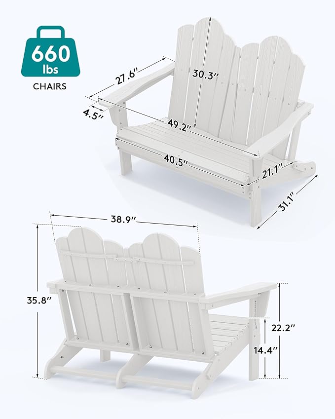 SERWALL 2 Person Adirondack Loveseat, HDPE All-Weather Folding Adirondack Bench Chair, Outdoor Adirondack Chair Set of 4, White-VerdiqueGarden