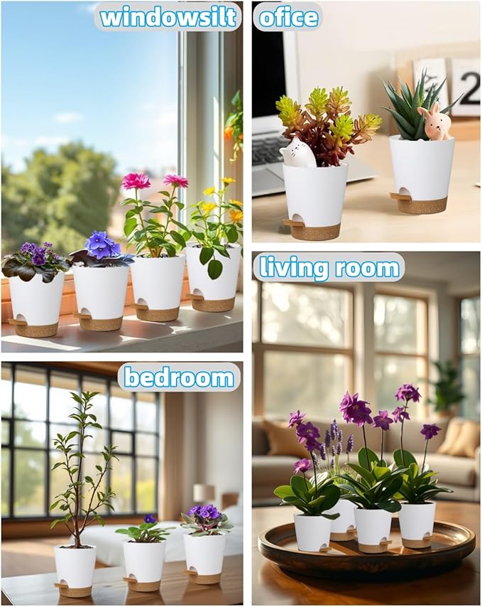 12 Pack 4 Inch Self Watering Plant Pots with Drainage and Saucers，Plastic Flower Pots for Indoor and Outdoor Plants, Nursery Planters for Houseplants and Herbs White Brown, 4 inch 12pcs-VerdiqueGarden