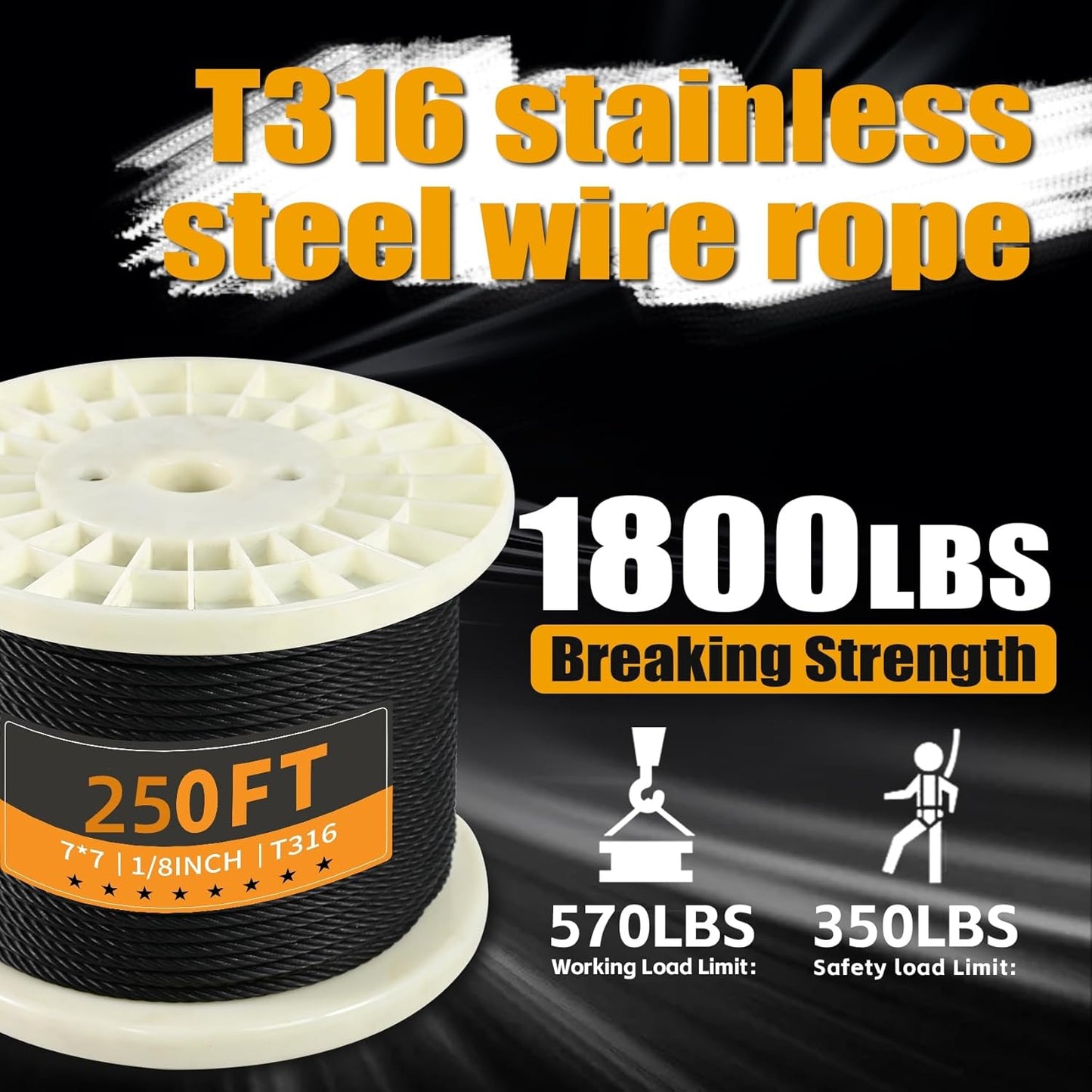 250FT 1/8" Stainless Steel Cable Black 7x7 Strands Aircraft Cable T316 Wire Rope with Cable Cutter 1800lbs Breaking Strength Wire Cable for Deck Cable Railing, Stair, Fence, DIY Balustrades-VerdiqueGarden