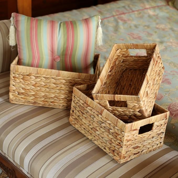 Storage Baskets,Woven Natural Water hyacinth Box with Handle,Kingwillow.(Set of 3)-VerdiqueGarden