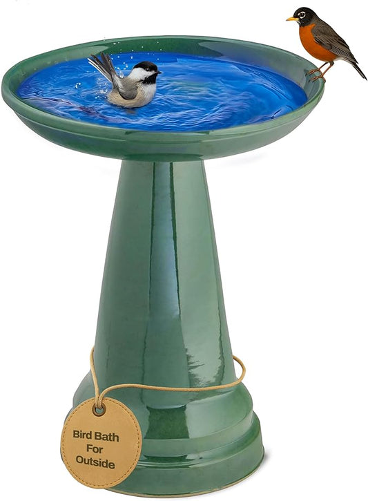 Birds Choice Ohio Stoneware Bird Bath | Pedestal Bird Bath, Stable Locking Top | Weather-Resistant Ceramic Clay, Glazed Finish | Outdoor Garden & Patio Decor | 22" H x 17" D, Summer Green-VerdiqueGarden