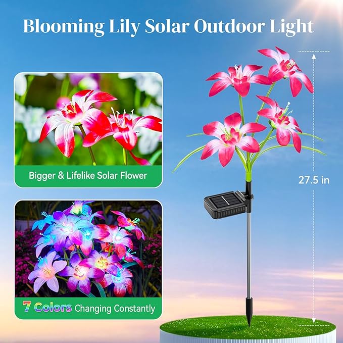 Solar Garden Lights Outdoor, 4 Pack Blooming Lily Solar Flowers Outdoor Waterproof, 7 Color Changing Bigger Flower Lights for Yard Patio Decor, Gift for Mom-VerdiqueGarden